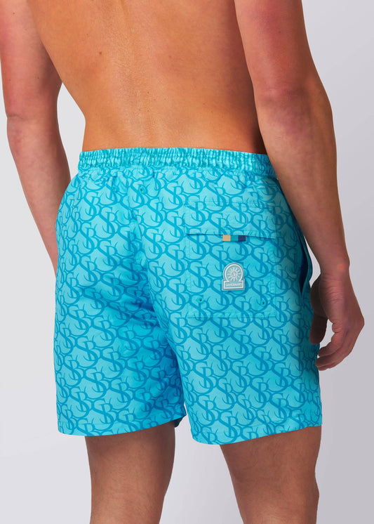 Sandbanks SB Monogram Swim Shorts - Aqua Blue