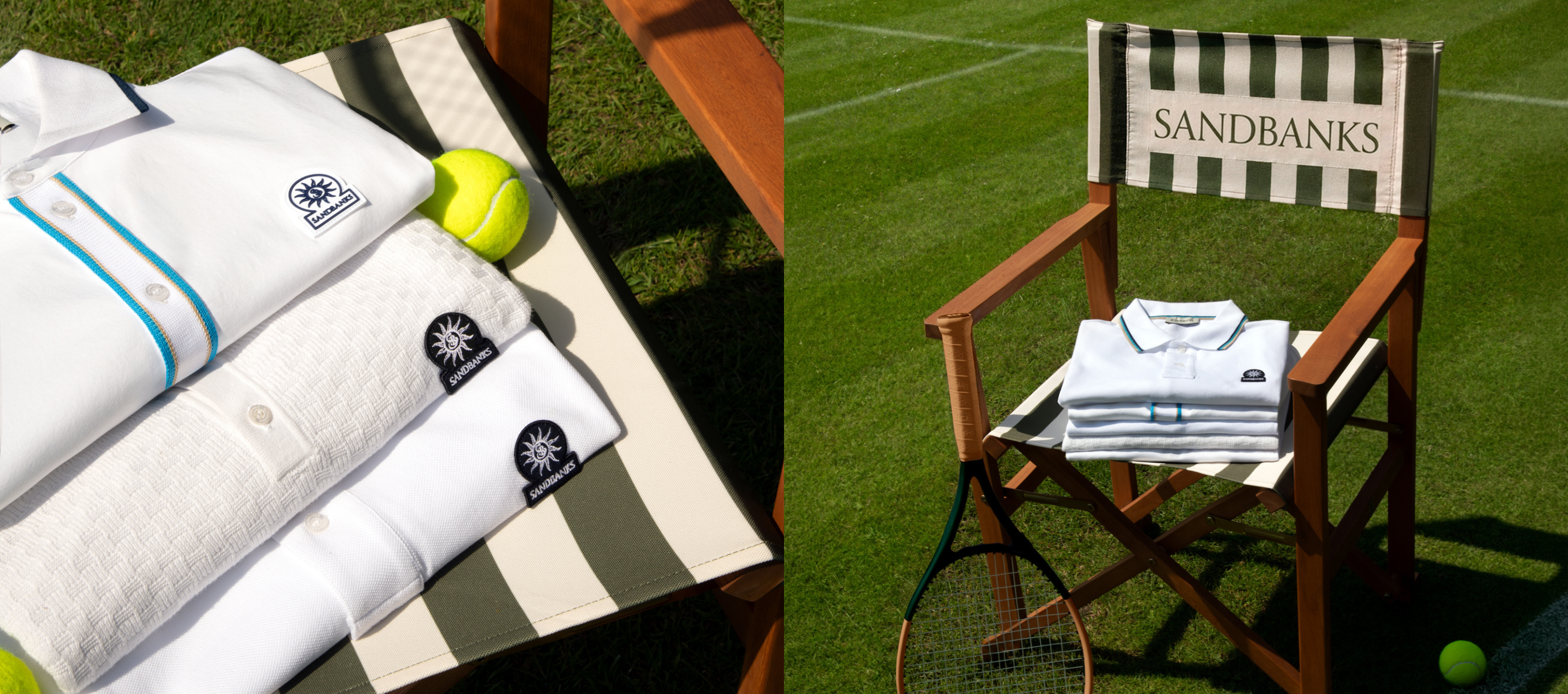 A split-screen image showing white tennis apparel and accessories styled on a striped beach chair outdoors. The left side shows folded white shirts and towels with turquoise and black logos, alongside a yellow tennis ball.