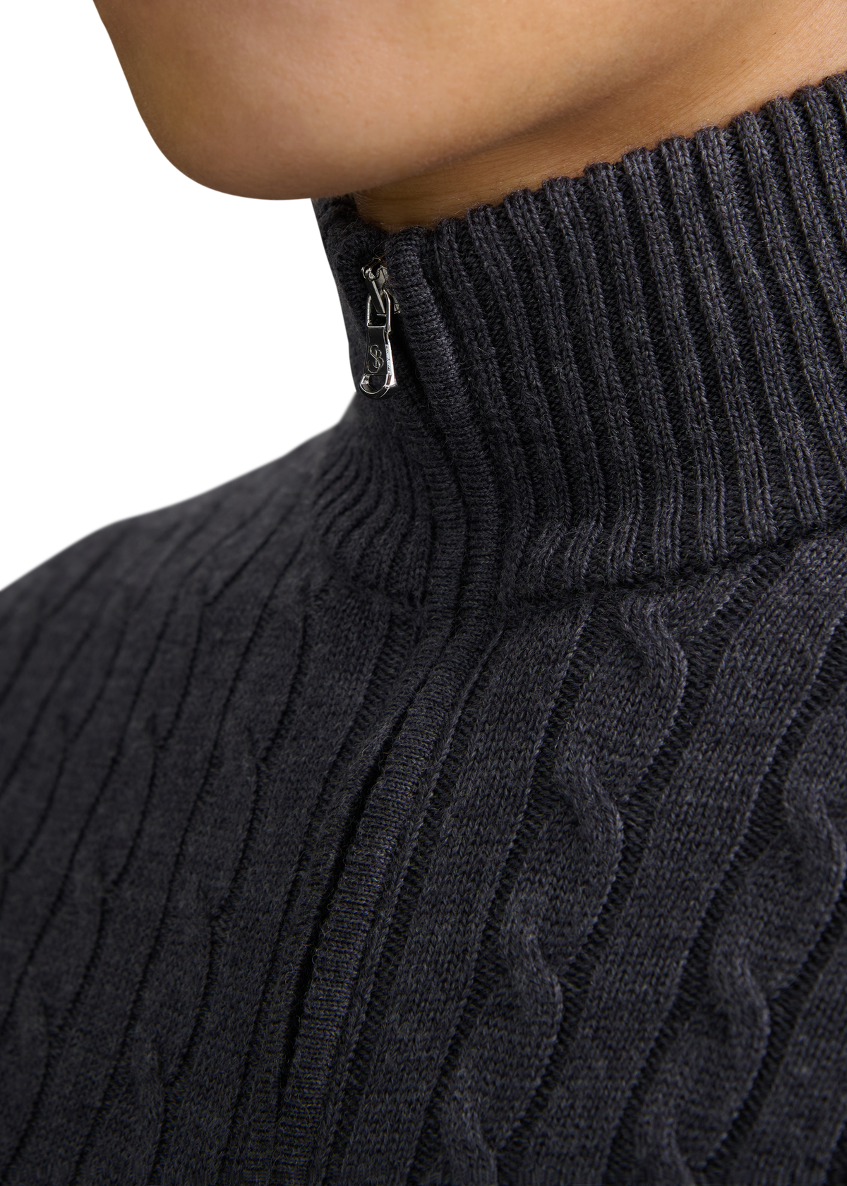 Merino Wool Cable Knit Quarter Zip - Anthracite