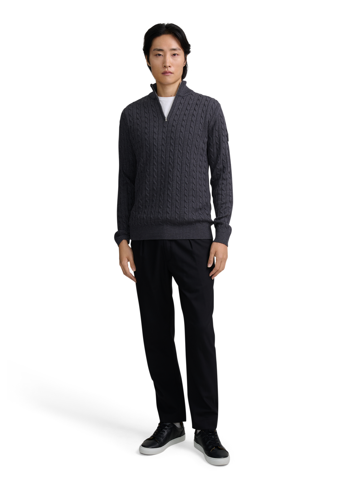 Merino Wool Cable Knit Quarter Zip - Anthracite