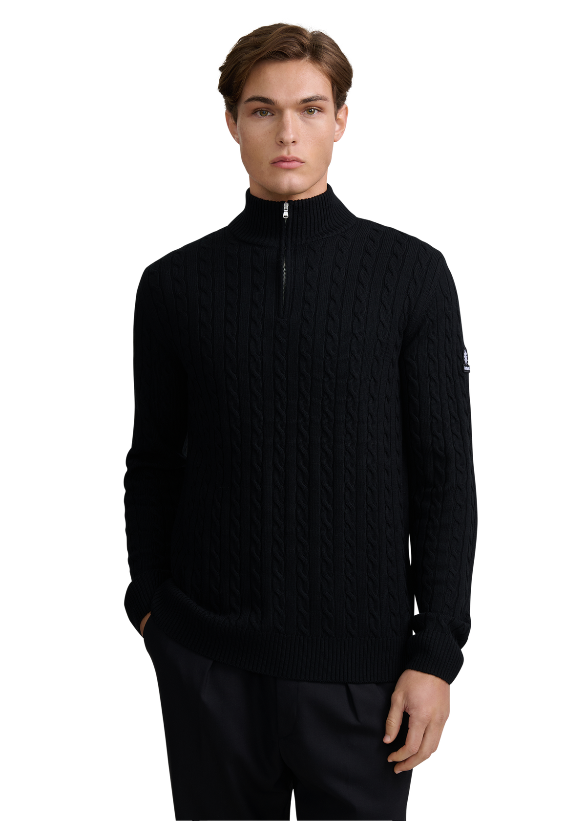 Merino Wool Cable Knit Quarter Zip - Black