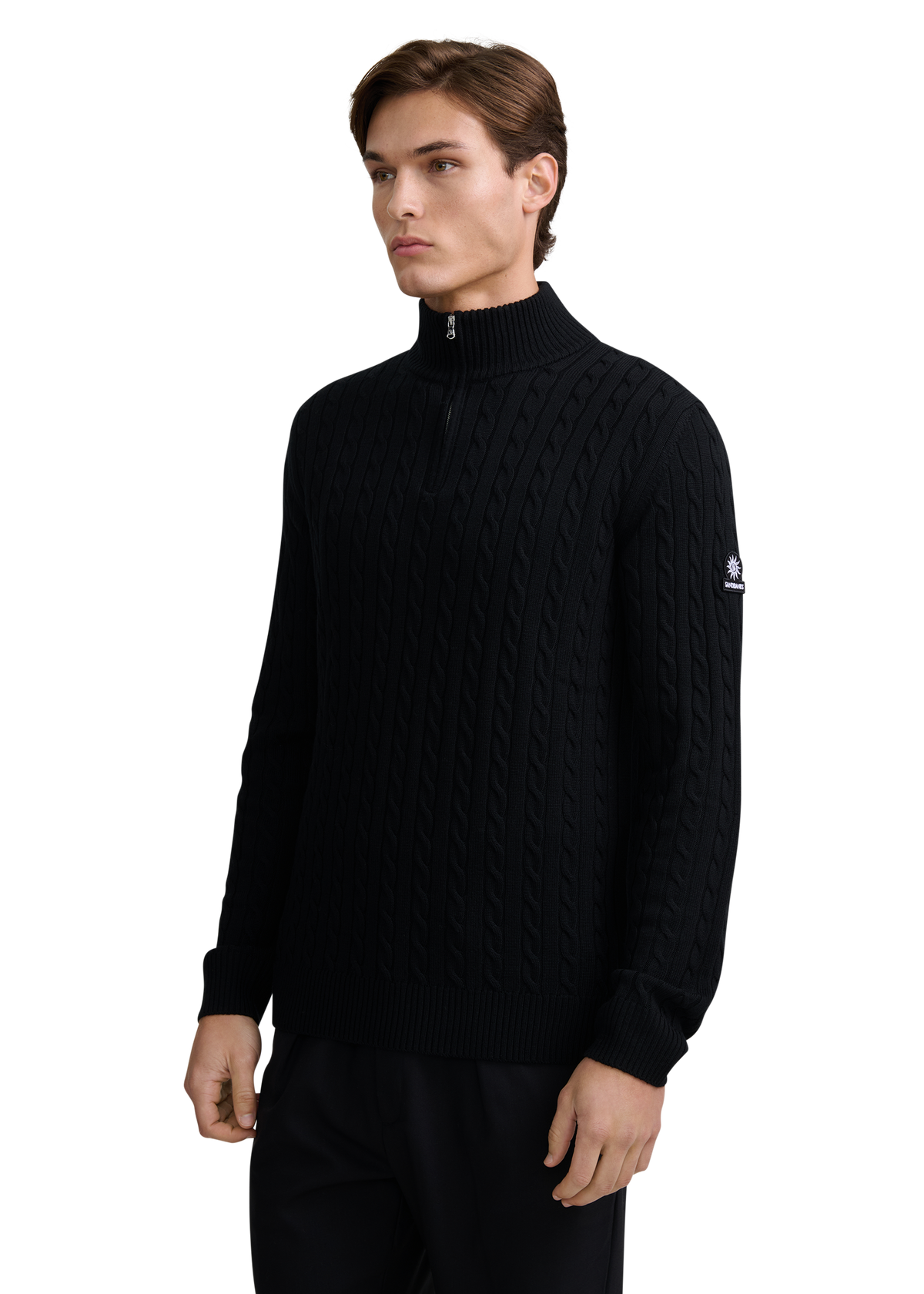 Merino Wool Cable Knit Quarter Zip - Black