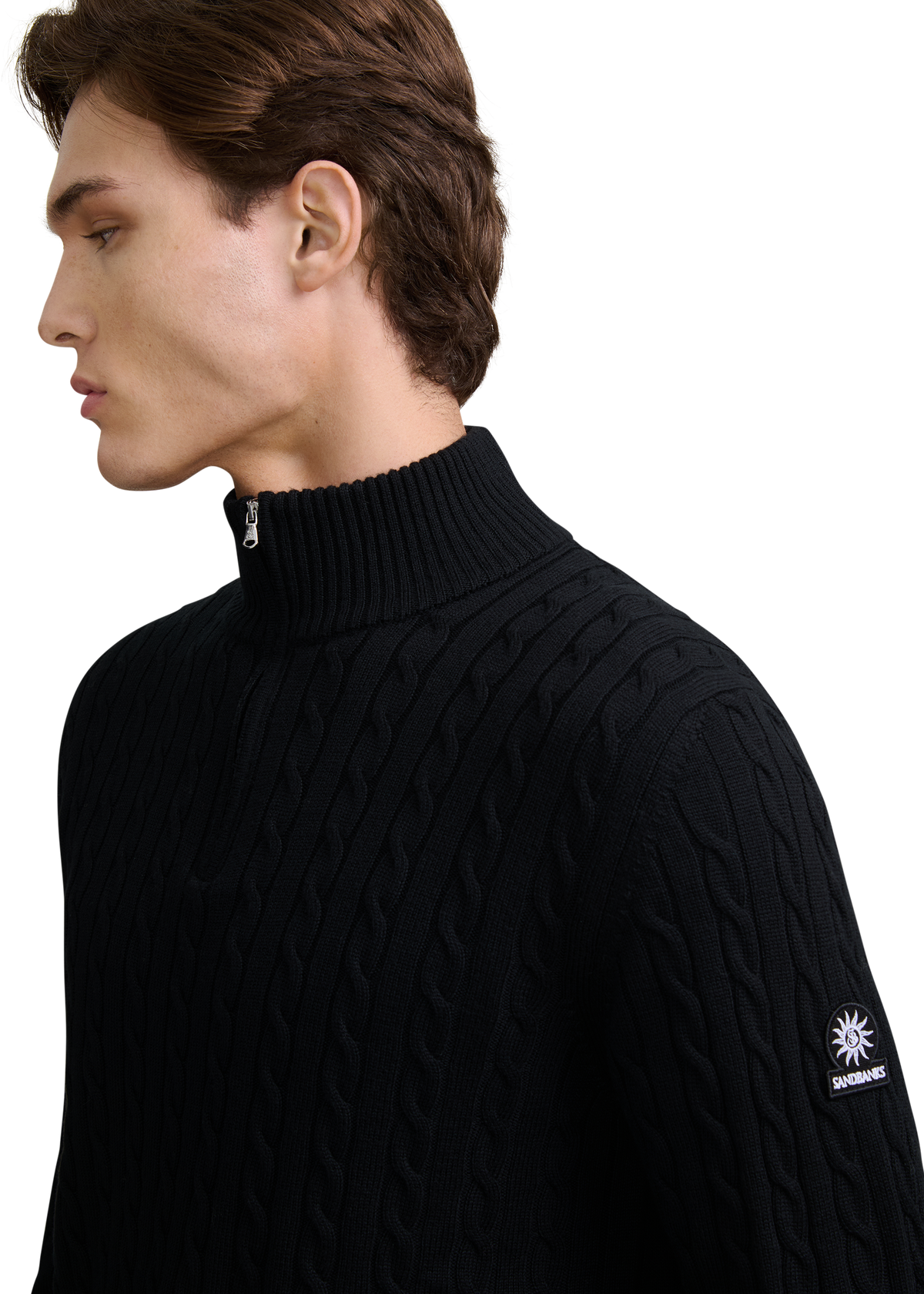Merino Wool Cable Knit Quarter Zip - Black