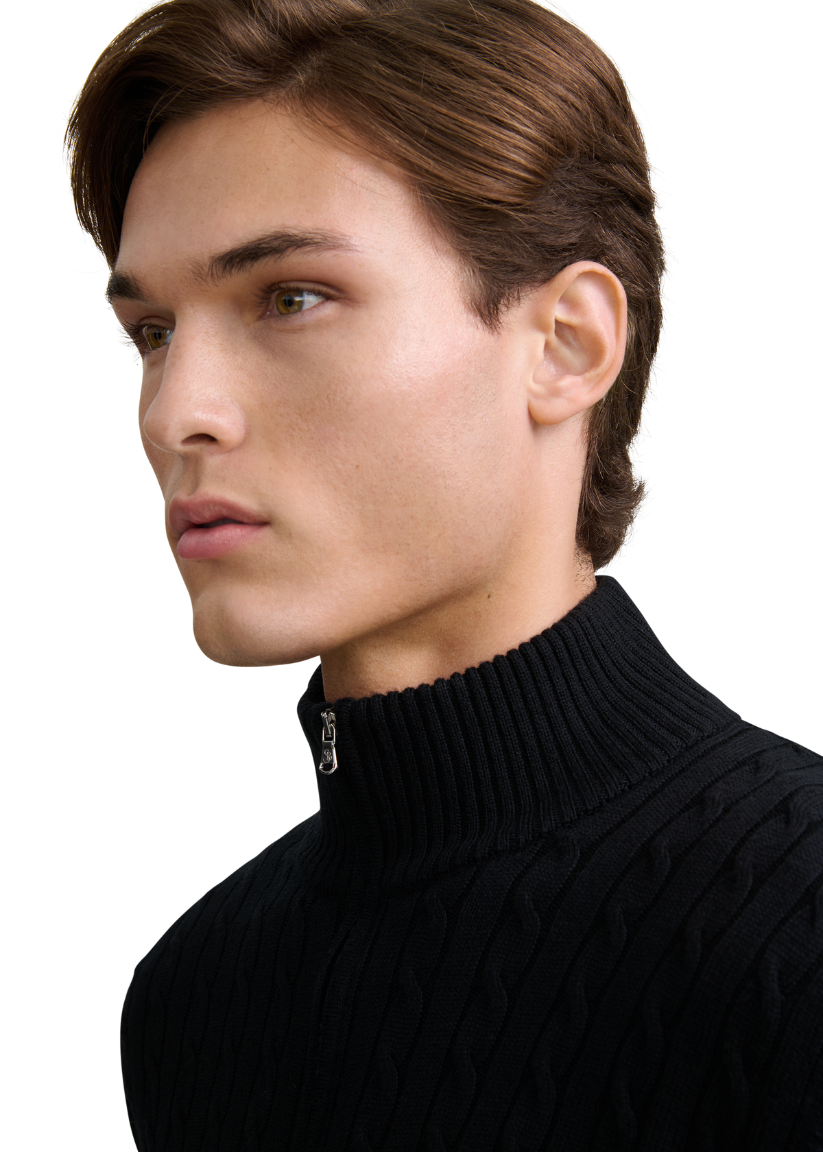 Merino Wool Cable Knit Quarter Zip - Black
