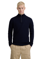 Merino Wool Cable Knit Quarter Zip - Navy