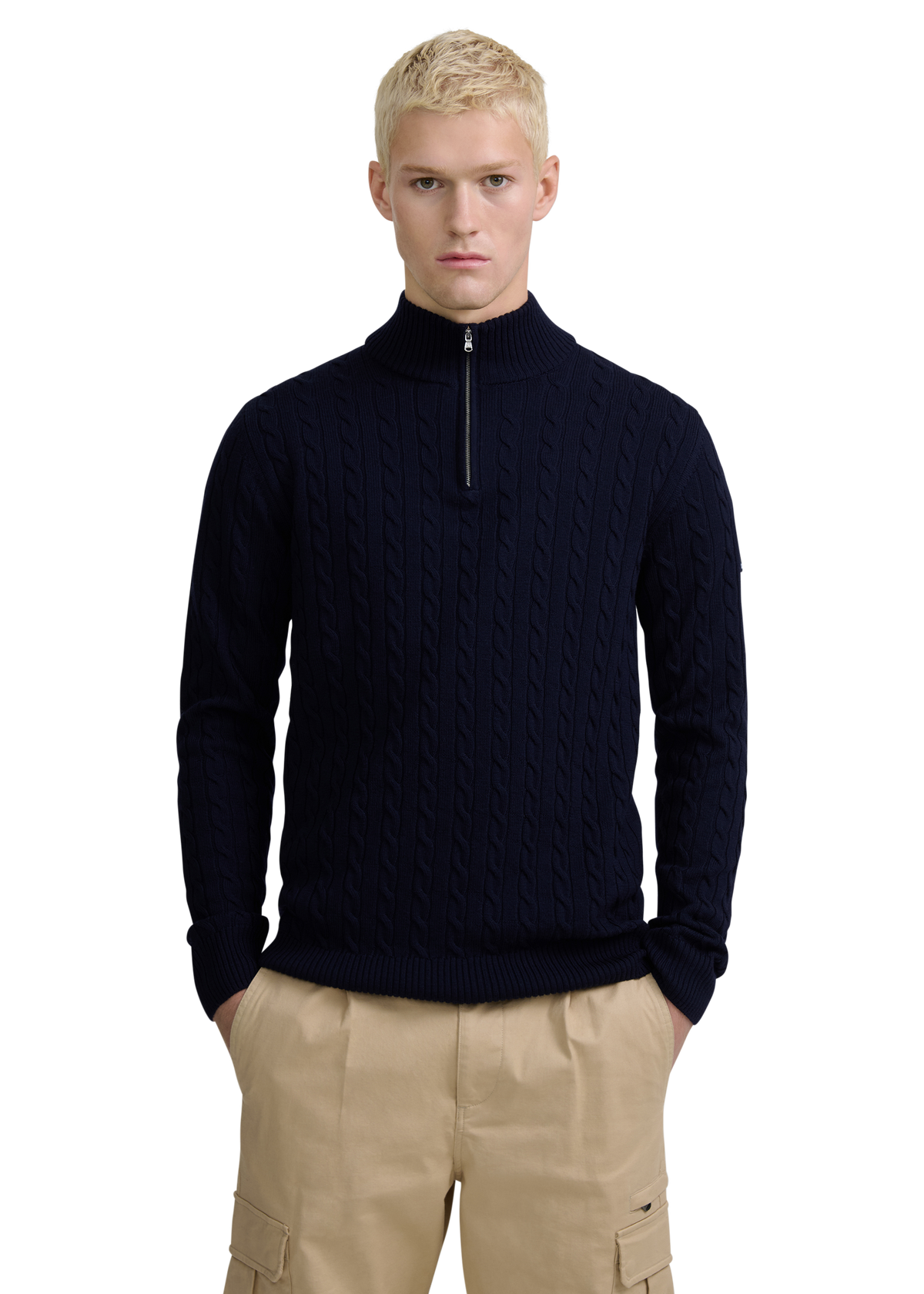 Merino Wool Cable Knit Quarter Zip - Navy