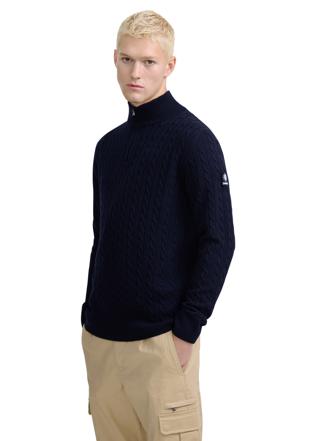 Merino Wool Cable Knit Quarter Zip - Navy