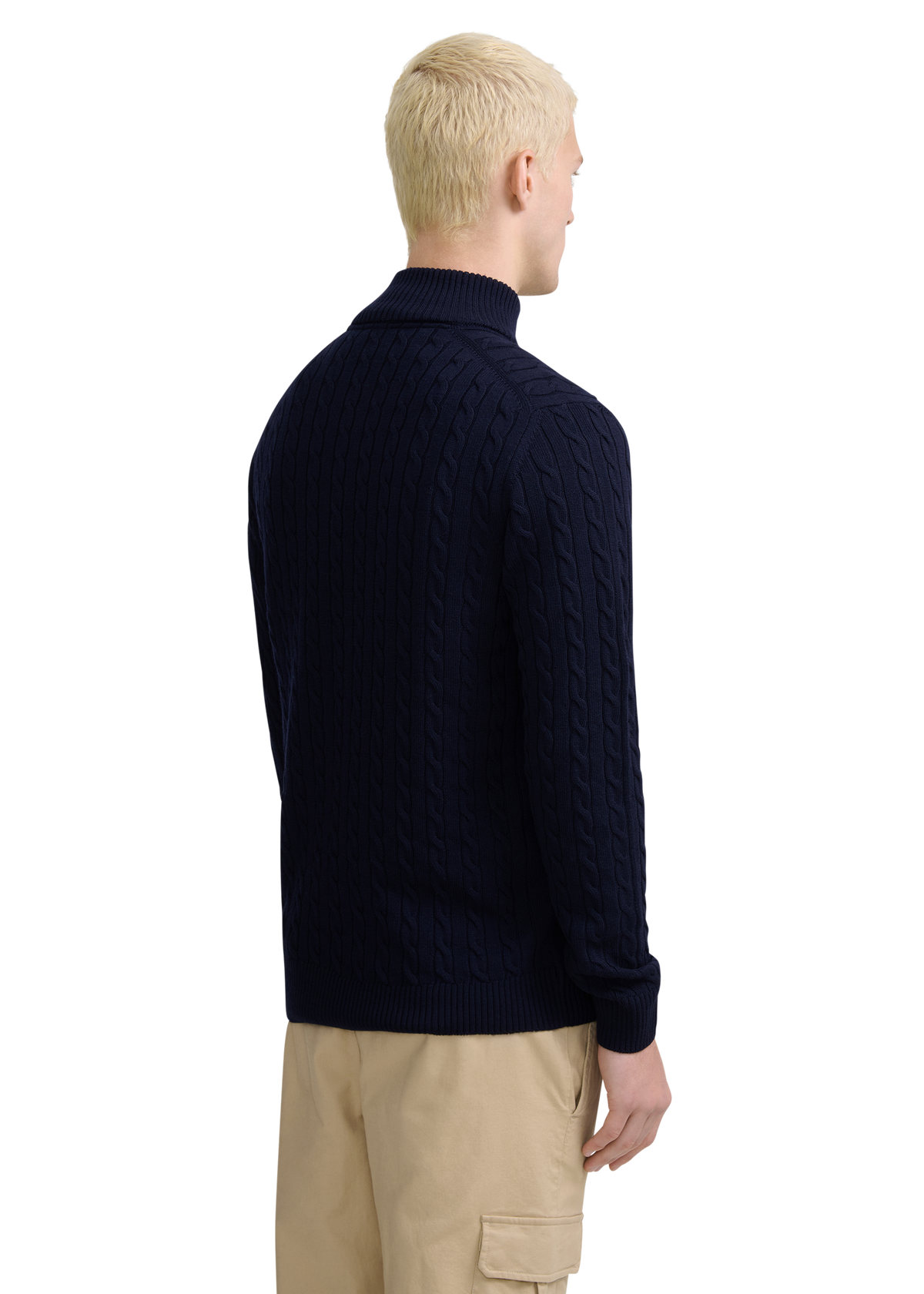 Merino Wool Cable Knit Quarter Zip - Navy