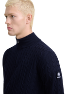 Merino Wool Cable Knit Quarter Zip - Navy