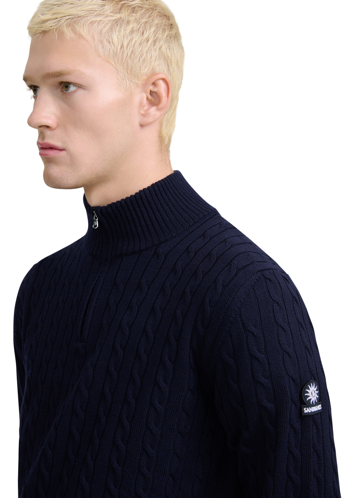 Merino Wool Cable Knit Quarter Zip - Navy
