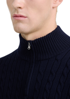 Merino Wool Cable Knit Quarter Zip - Navy