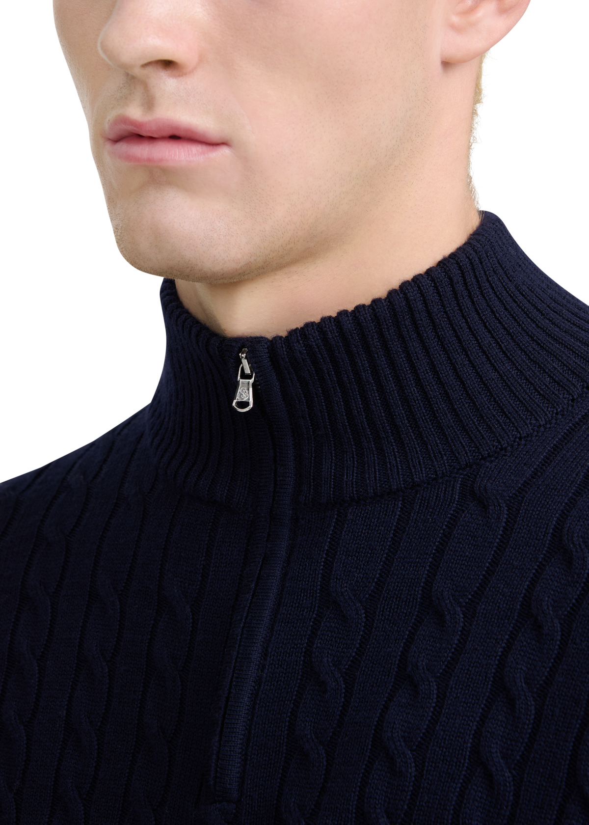 Merino Wool Cable Knit Quarter Zip - Navy