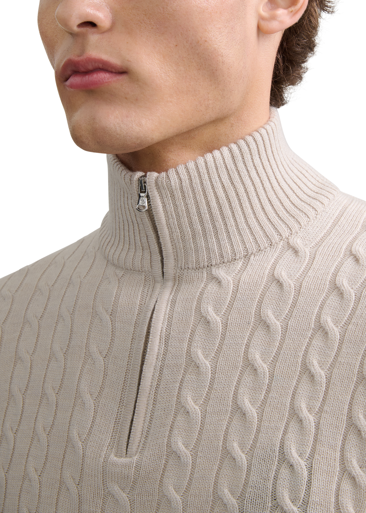 Merino Wool Cable Knit Quarter Zip - Stone