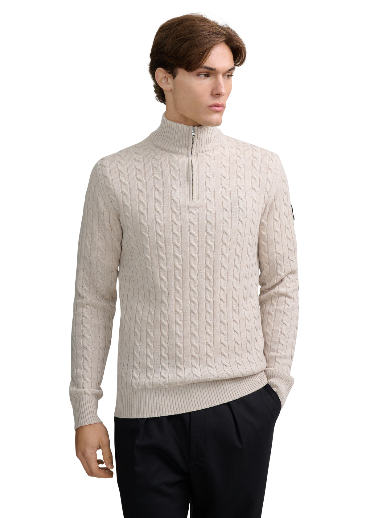Merino Wool Cable Knit Quarter Zip - Stone