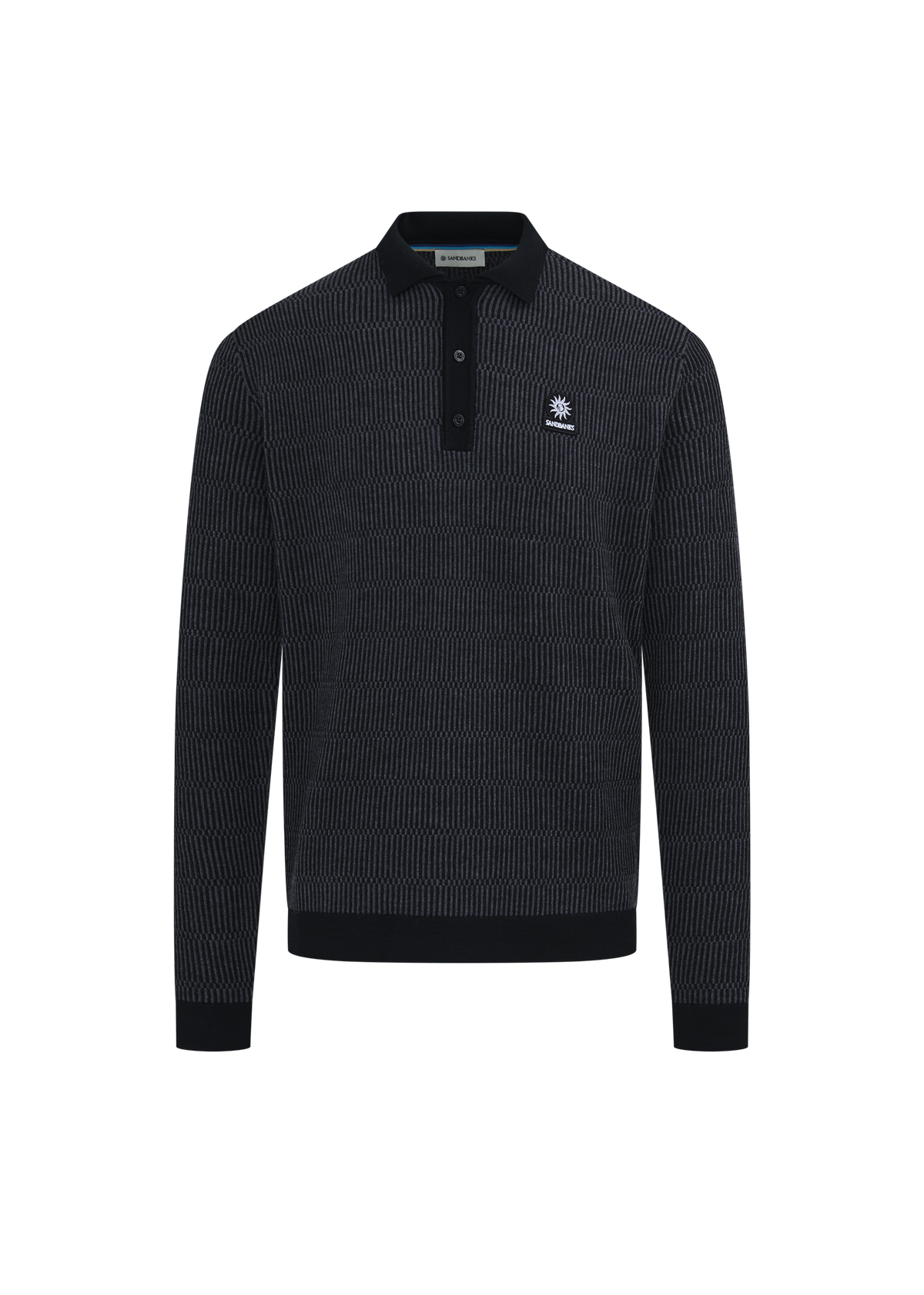 Textured Intarsia Long Sleeve Polo Shirt - Black