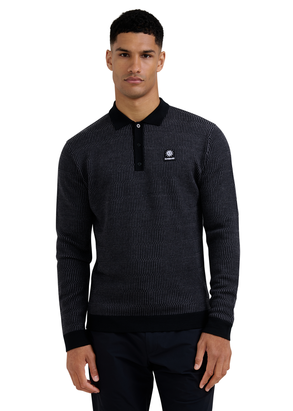 Textured Intarsia Long Sleeve Polo Shirt - Black