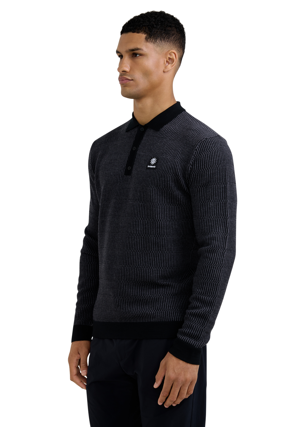 Textured Intarsia Long Sleeve Polo Shirt - Black