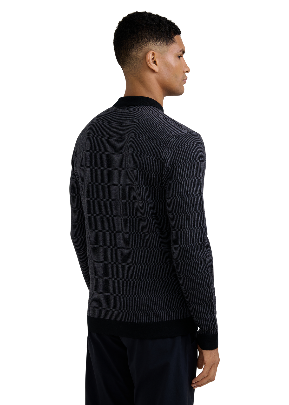 Textured Intarsia Long Sleeve Polo Shirt - Black