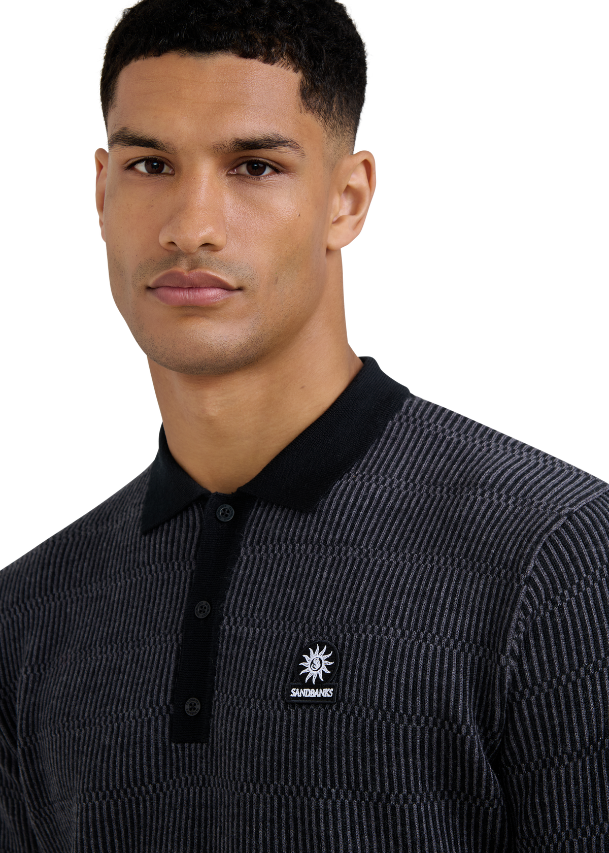 Textured Intarsia Long Sleeve Polo Shirt - Black