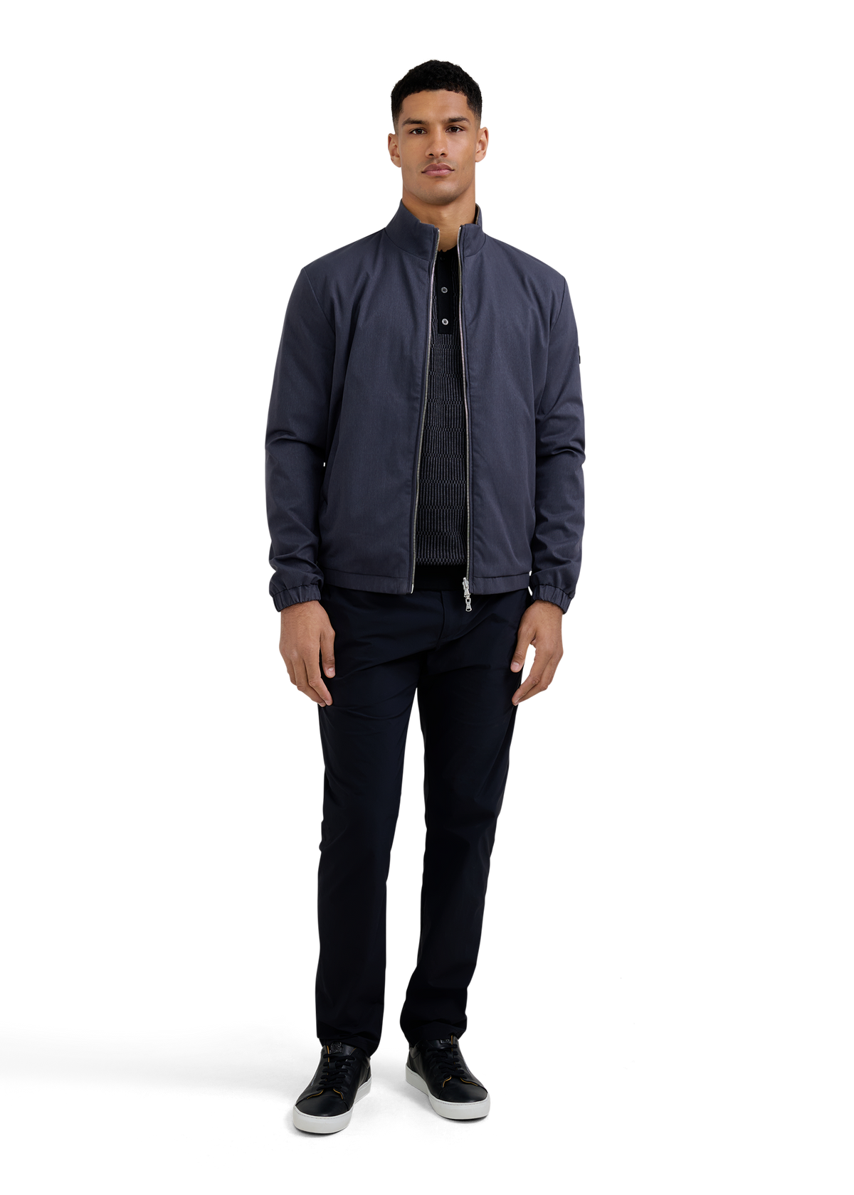 Textured Intarsia Long Sleeve Polo Shirt - Black