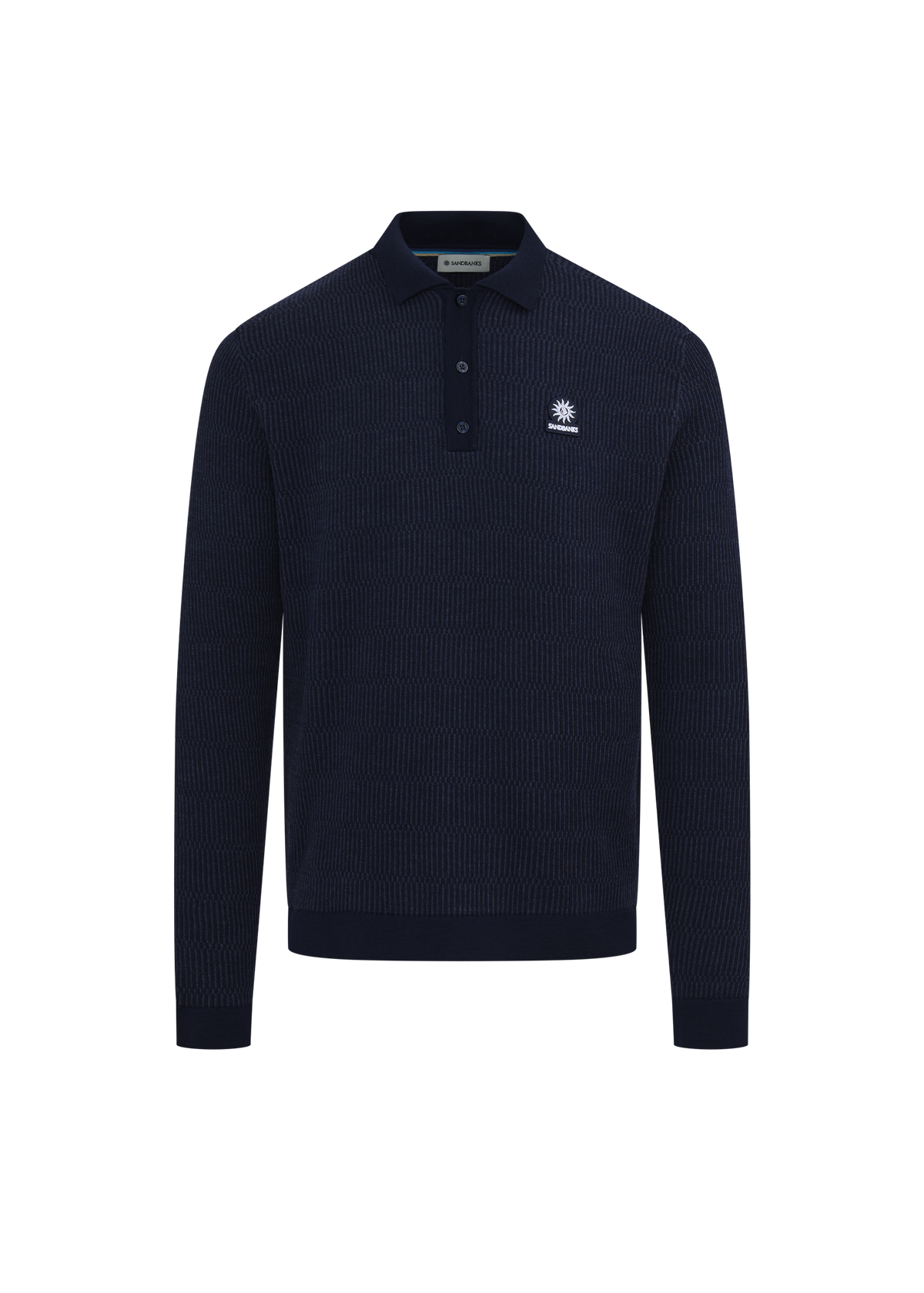 Textured Intarsia Long Sleeve Polo Shirt - Navy
