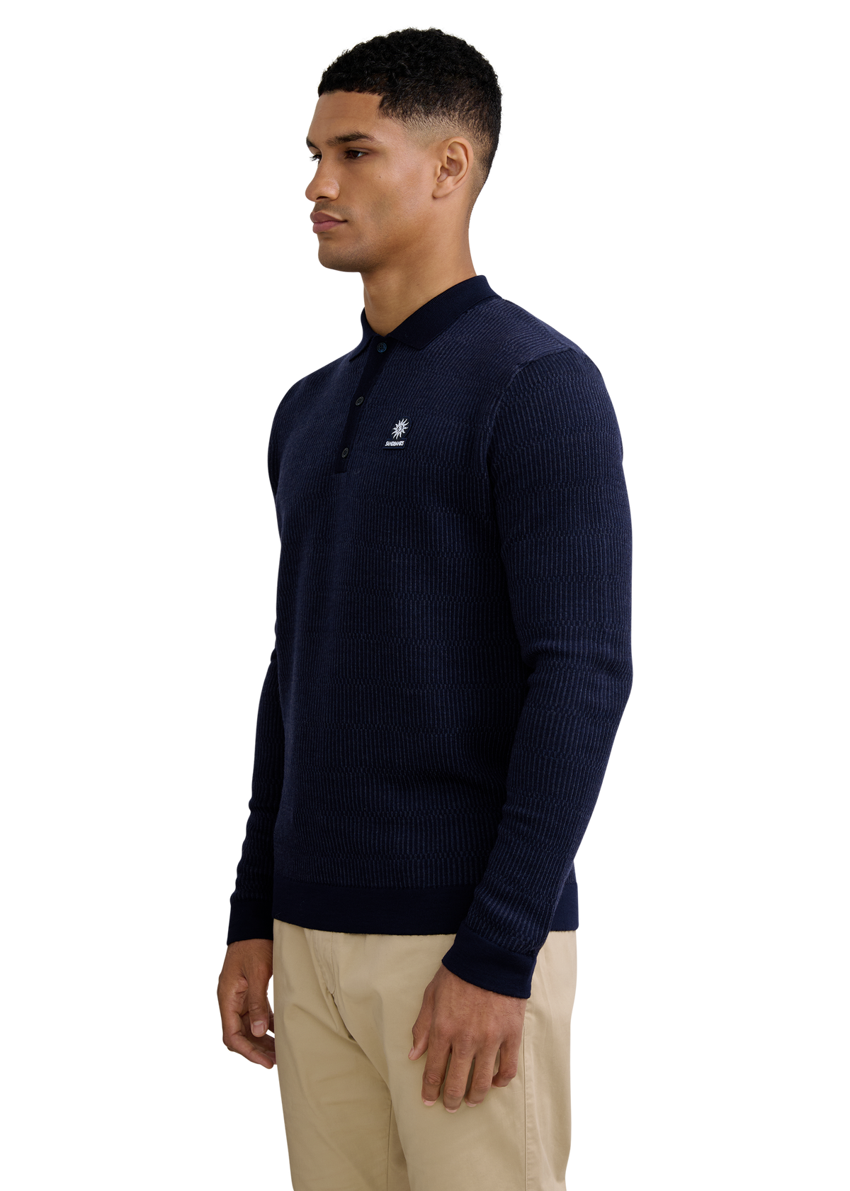 Textured Intarsia Long Sleeve Polo Shirt - Navy