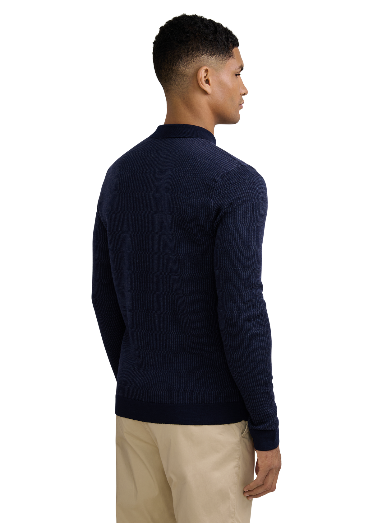 Textured Intarsia Long Sleeve Polo Shirt - Navy