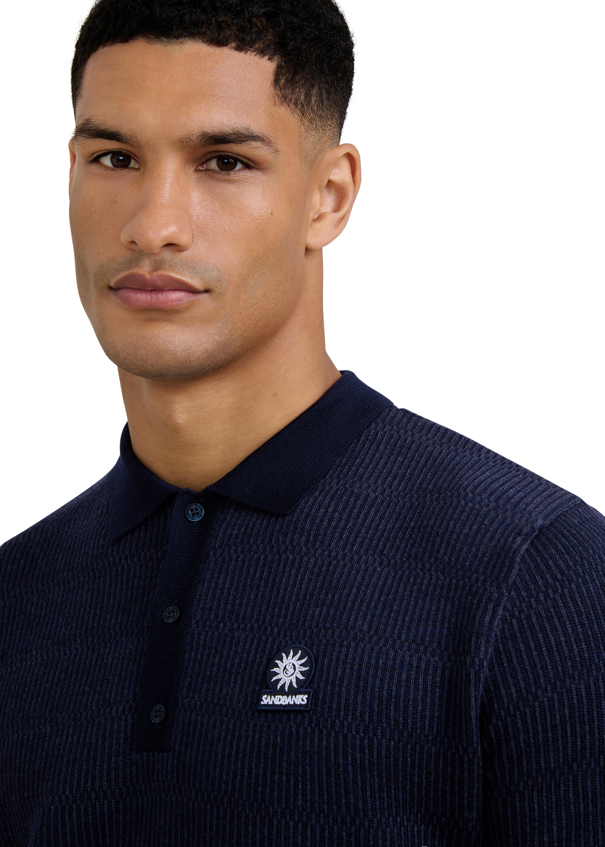 Textured Intarsia Long Sleeve Polo Shirt - Navy