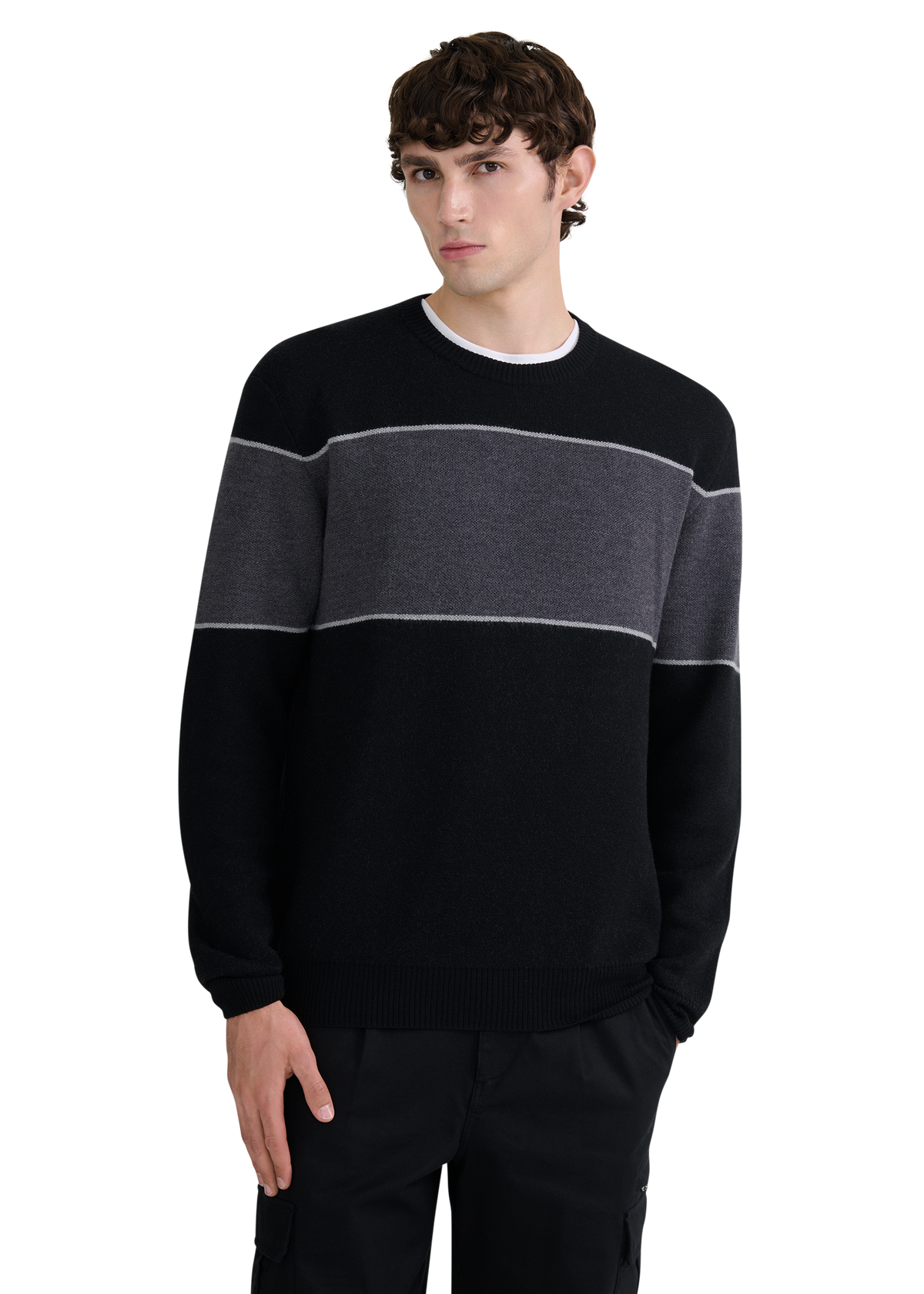 Merino Wool Colour Block Jumper - Black/Light Grey