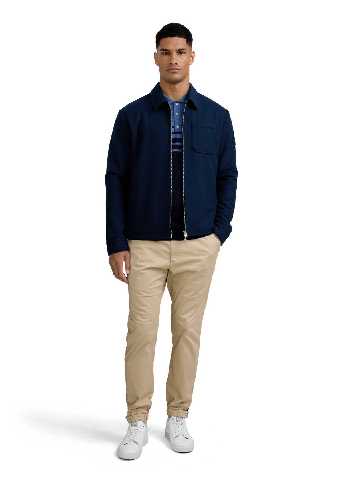 Merino Wool Contrast Stripe Polo Shirt - Navy