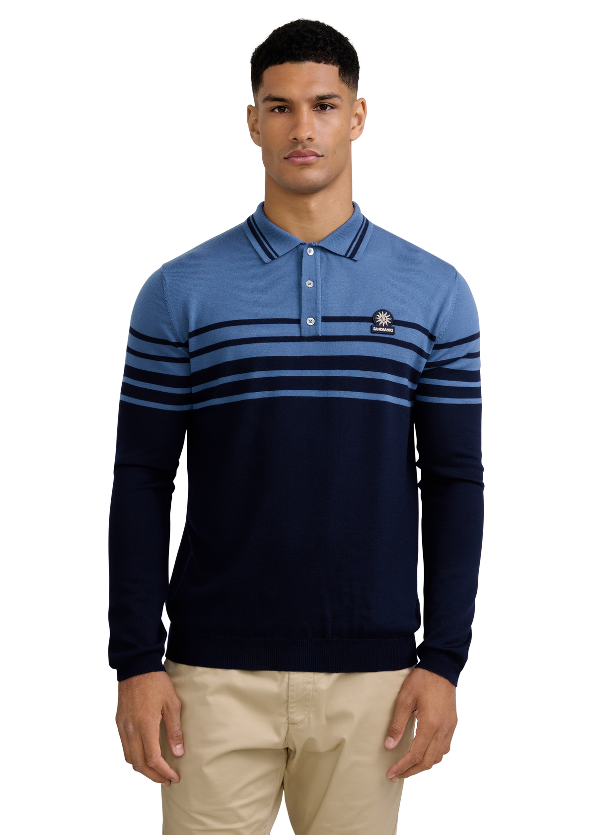Merino Wool Contrast Stripe Polo Shirt - Navy