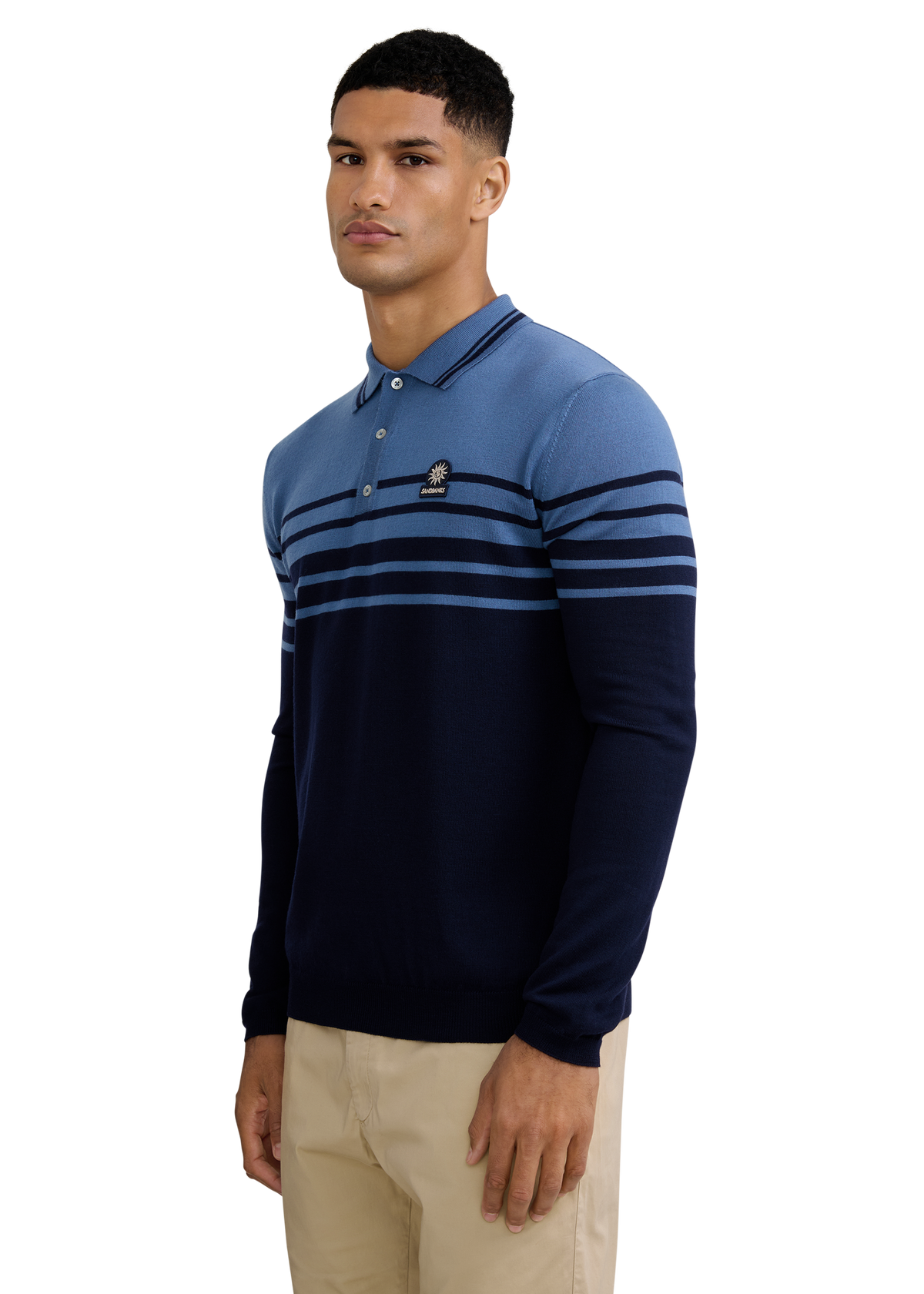 Merino Wool Contrast Stripe Polo Shirt - Navy