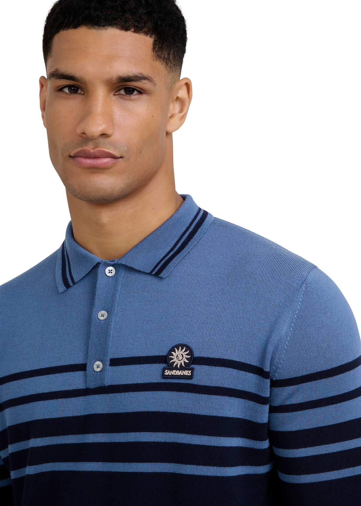 Merino Wool Contrast Stripe Polo Shirt - Navy