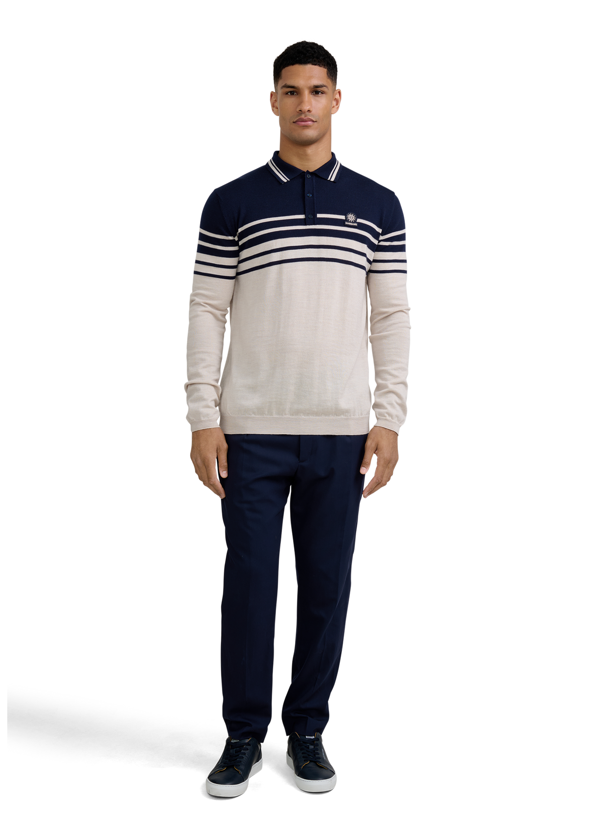 Merino Wool Contrast Stripe Polo Shirt - Stone