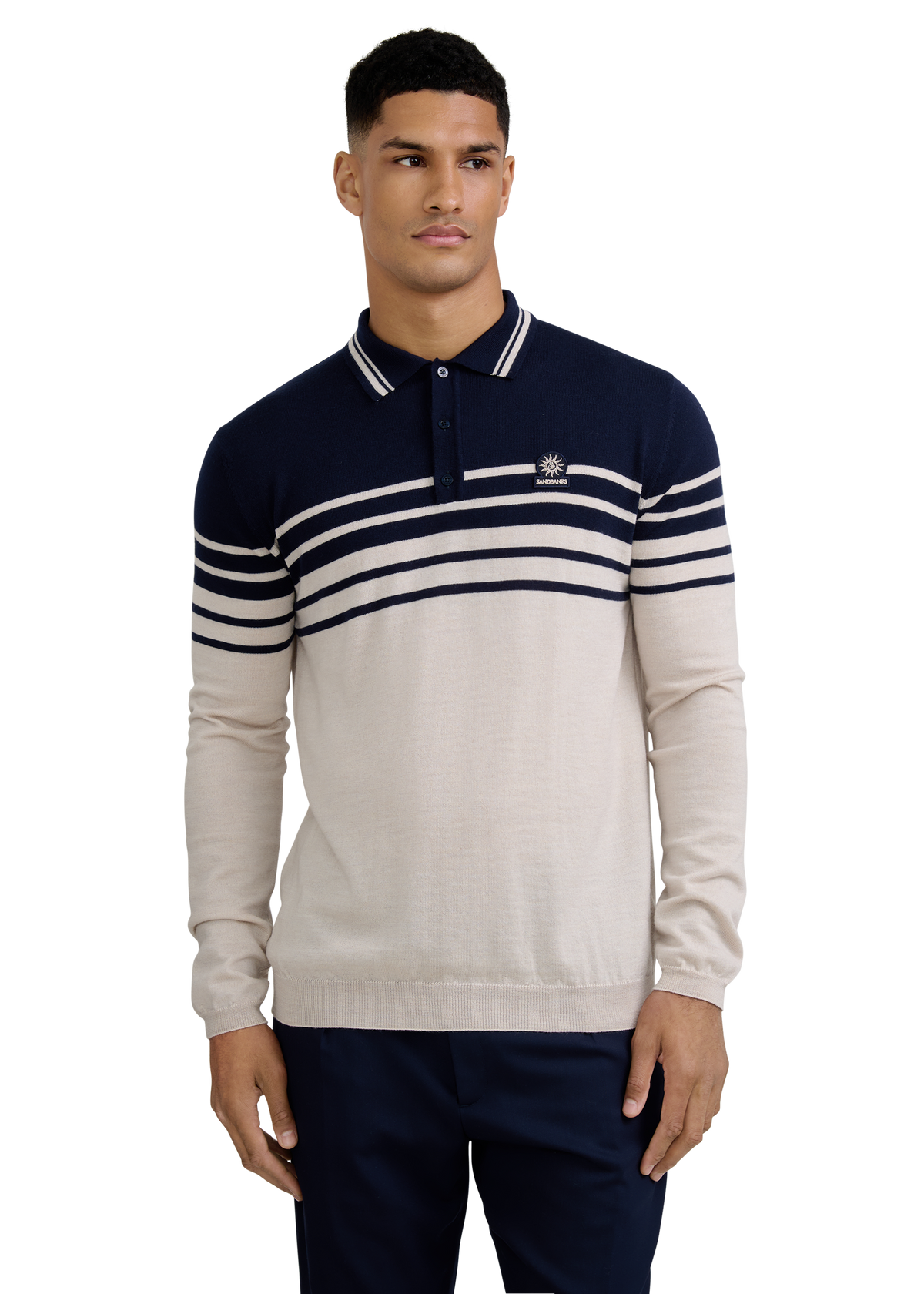 Merino Wool Contrast Stripe Polo Shirt - Stone