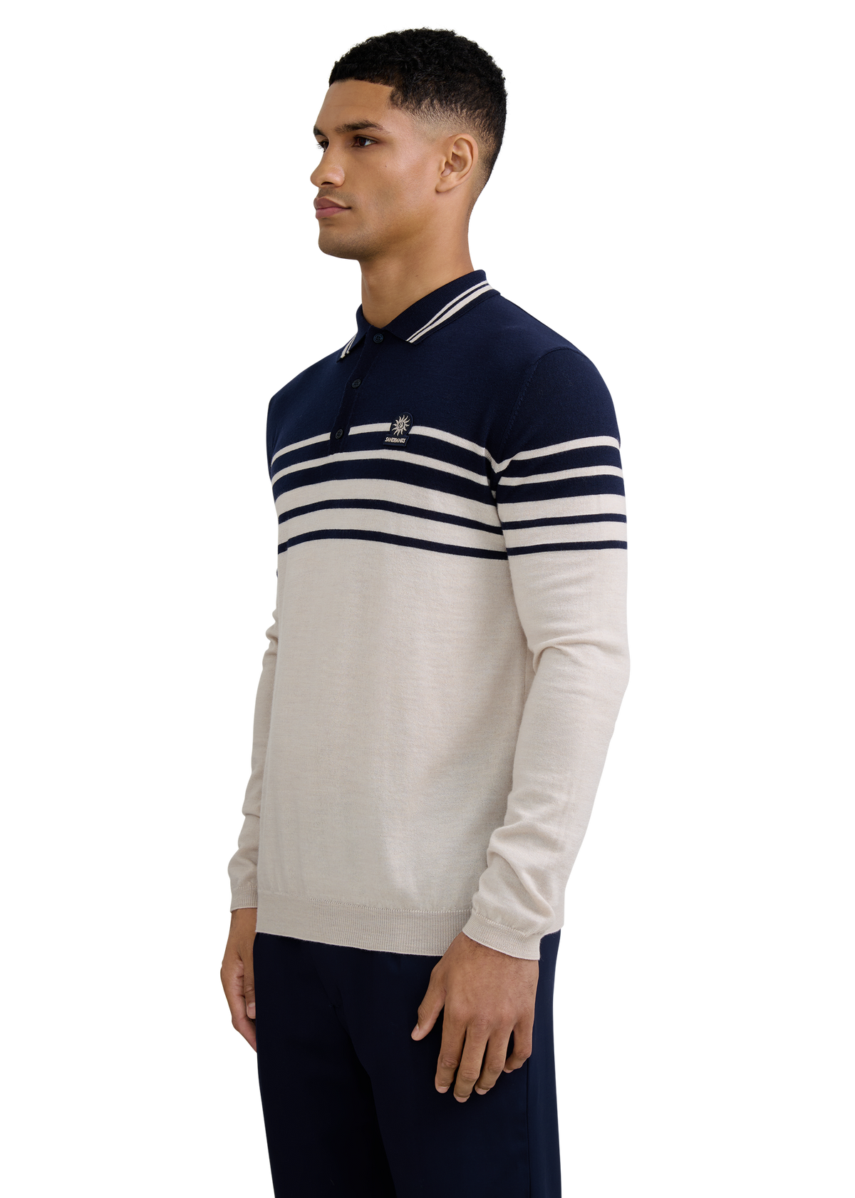 Merino Wool Contrast Stripe Polo Shirt - Stone