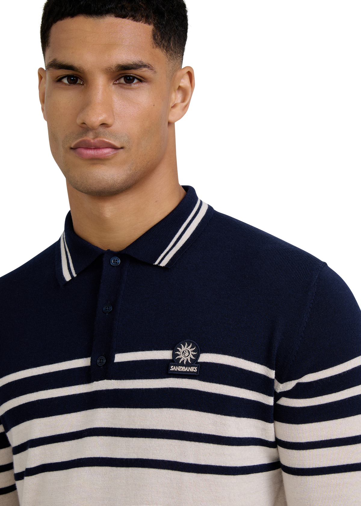 Merino Wool Contrast Stripe Polo Shirt - Stone