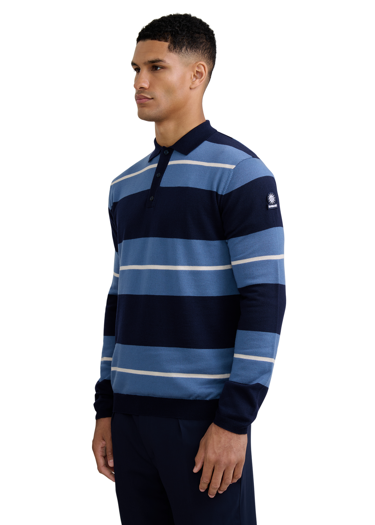 Striped Merino Wool Polo Jumper - Teal/Navy