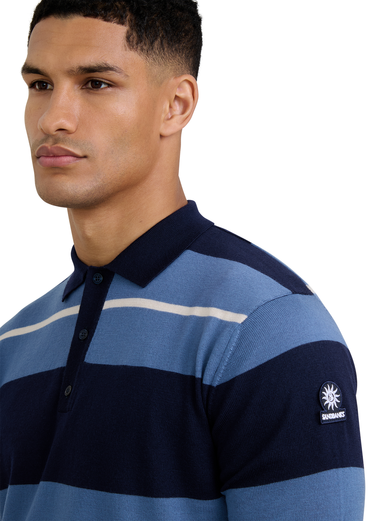 Striped Merino Wool Polo Jumper - Teal/Navy