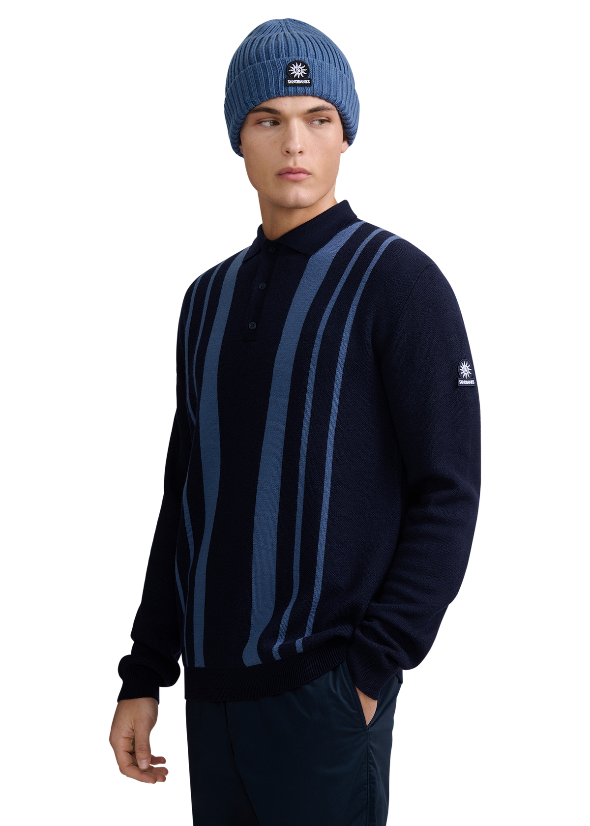 Vertical Engineered Stripe Polo Jumper - Navy