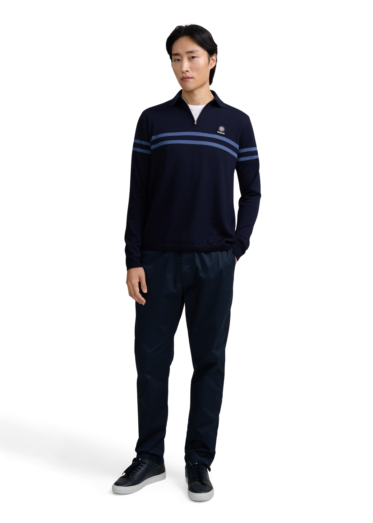 Contrast Stripe Quarter-Zip Polo - Navy