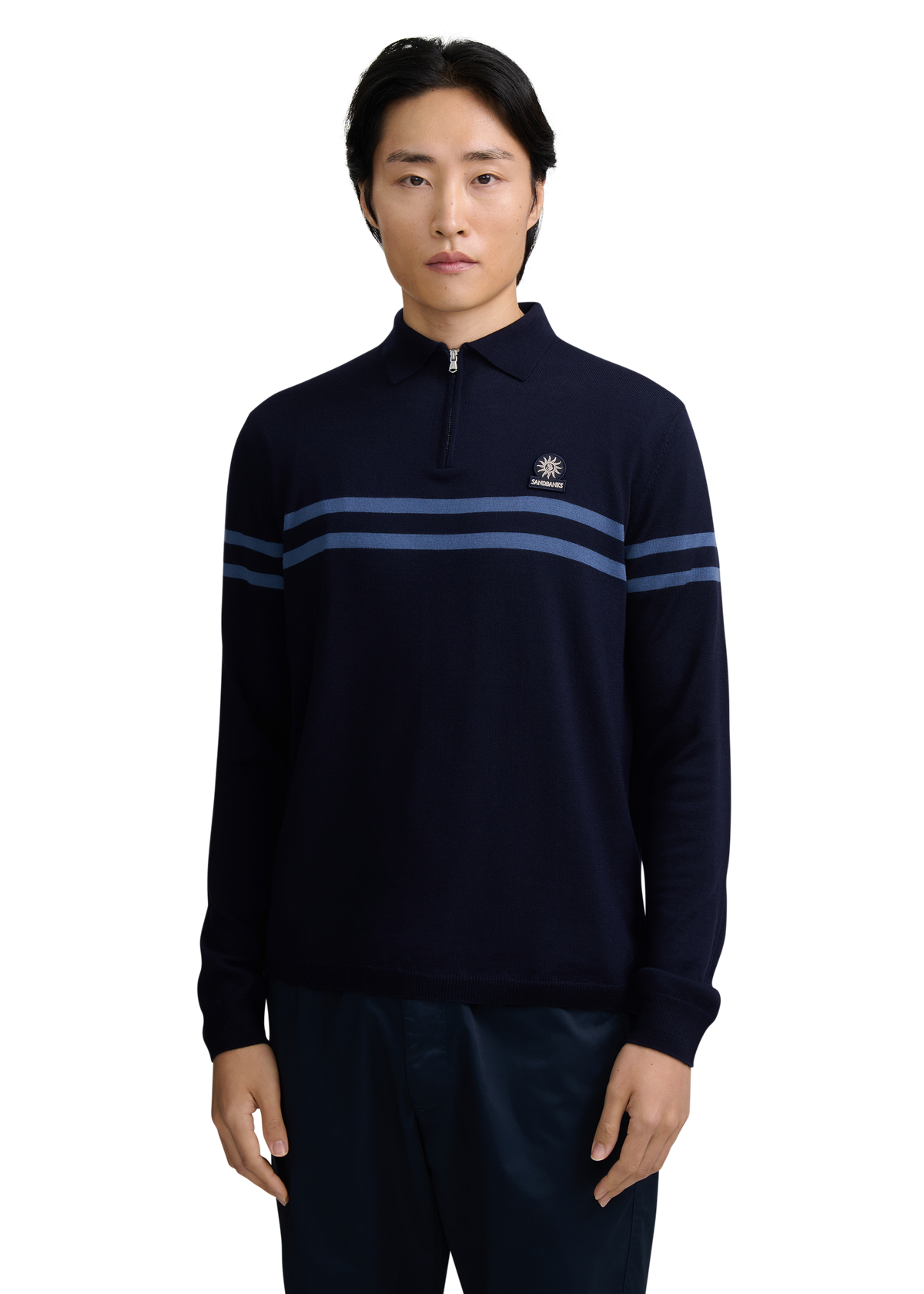 Contrast Stripe Quarter-Zip Polo - Navy