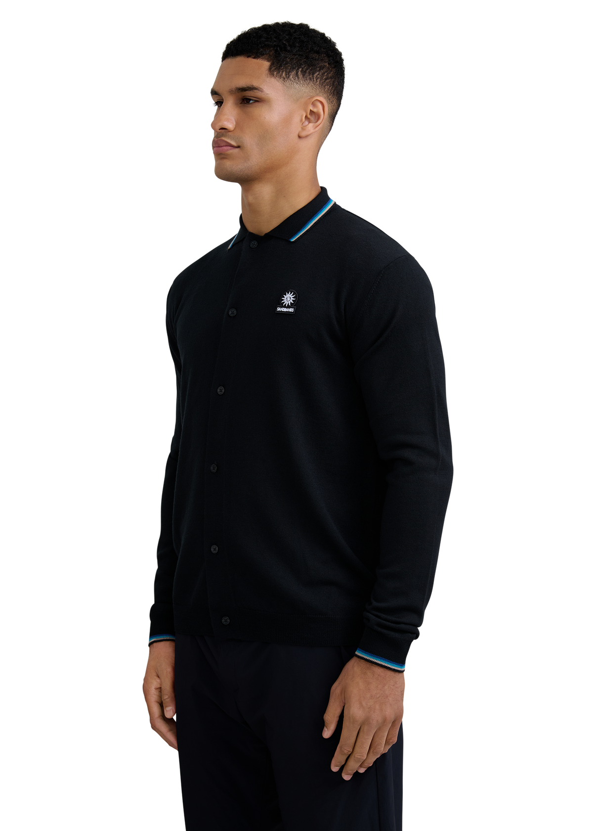 Merino Wool Tri-Colour Tipped Cardigan - Black