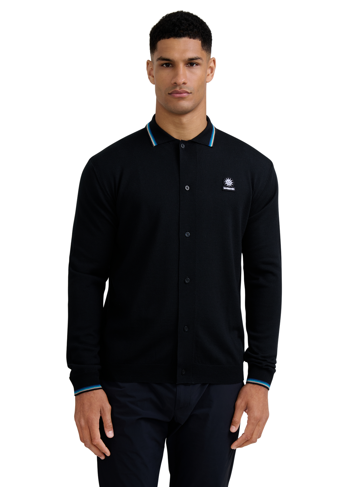 Merino Wool Tri-Colour Tipped Cardigan - Black