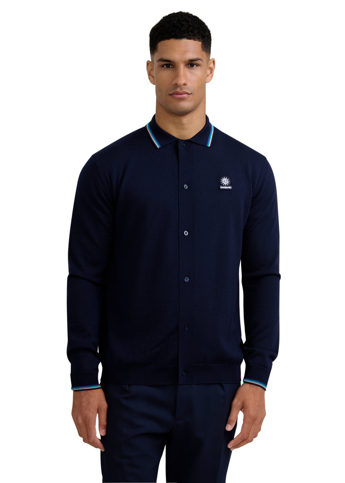 Merino Wool Tri-Colour Tipped Cardigan - Navy
