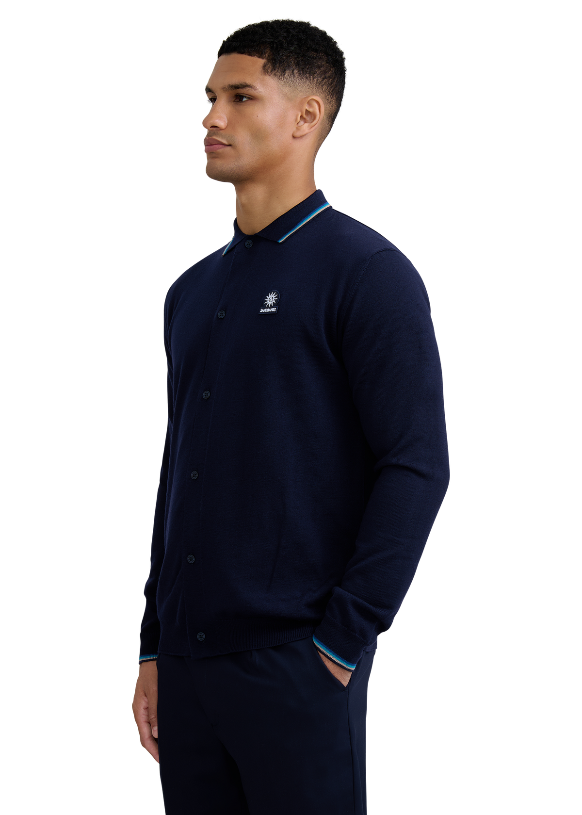Merino Wool Tri-Colour Tipped Cardigan - Navy