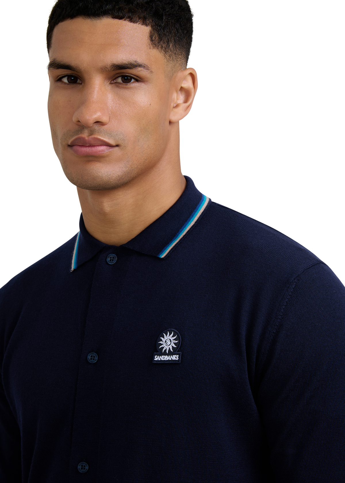 Merino Wool Tri-Colour Tipped Cardigan - Navy