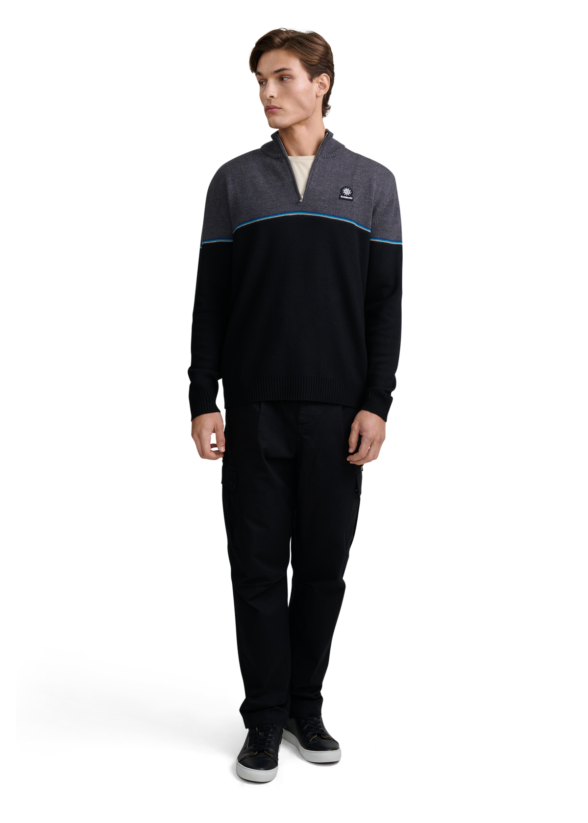 Colour Block Tri-Colour Quarter-Zip - Black