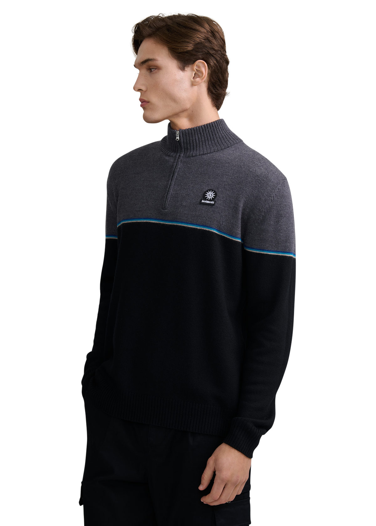 Colour Block Tri-Colour Quarter-Zip - Black