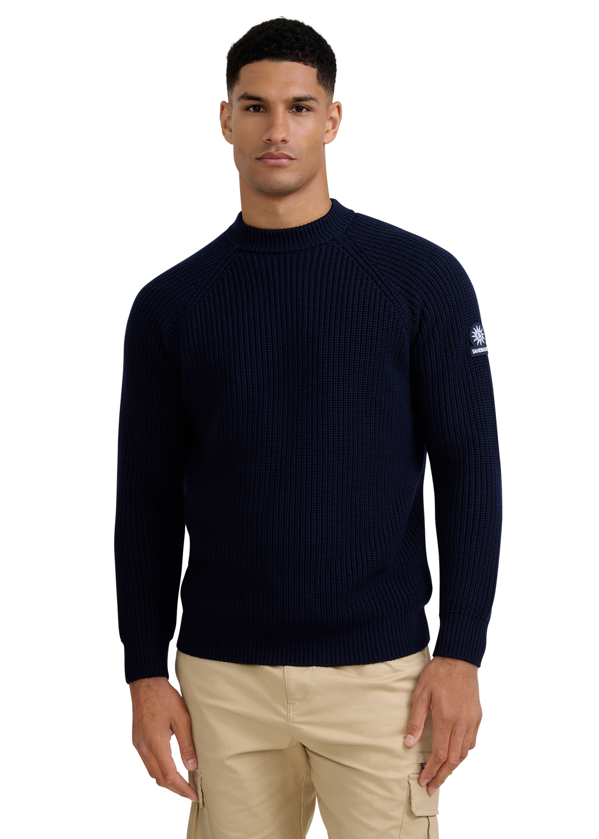 Merino Wool Ribbed Mock Neck Jumper - Navy